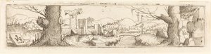 Landschaft mit einem Bach und Ruinen