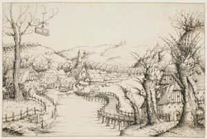 Landschaft mit einer gebogenen Holzbrücke
