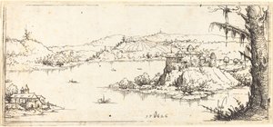 Landschaft mit großem See in der Mitte