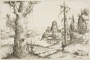 Flusslandschaft mit großem Baum im Vordergrund