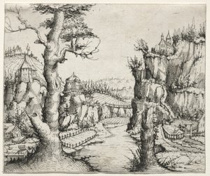 Flusslandschaft mit Felsen links und rechts von Augustin Hirschvogel