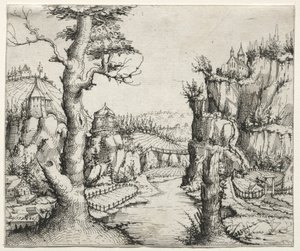 Flusslandschaft mit Felsen links und rechts, 1546