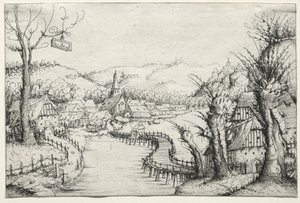 Flusslandschaft mit drei kahlen Weiden rechts und einer langen, gewundenen Holzbrücke in der Mitte, die zu einem Dorf führt