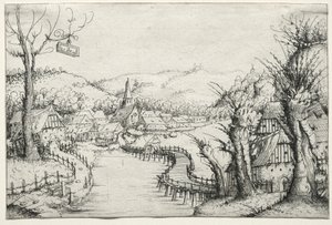 Flusslandschaft mit drei kahlen Weiden und einer langen, gewundenen Holzbrücke