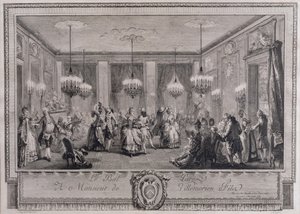 Der Abendkleidball im Haus von Monsieur de Villemorien Fila, graviert von L. Provost