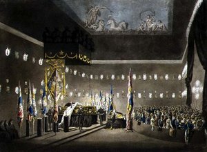 Überreste von Lord Viscount Nelson im Painted Chamber im Greenwich Hospital, graviert von J. Merigot, veröffentlicht 1806