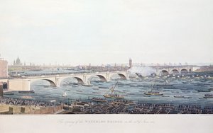Die Eröffnung der Waterloo-Brücke am 18. Juni 1817, radiert von A. Pugin nach einer Zeichnung von W. Findlater, graviert von R. Havell und Sohn, 1818