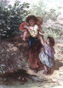 Mädchen steht mit einem Kind auf den Schultern, ein weiteres Kind an ihrer Seite