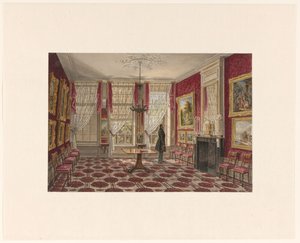 19. Jahrhundert Interieur mit Gemälden und stehender Figur von Augustus Wijnantz