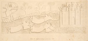 Flüchtlinge überqueren einen Fluss zu einer Burg, aus Denkmäler von Ninive, veröffentlicht 1849 von Austen Henry Layard
