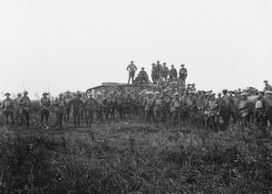 Gruppenporträt einer Panzerbesatzung und einiger Mitglieder der 5. Australischen Infanteriebrigade, 8. August 1918