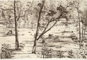 Hütte der freien Siedler, aus Die Geschichte von Australasien von David Blair, McGrady, Thomson und Niven, 1879