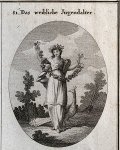 Allegorie der Jugend (Teenager) dargestellt durch eine junge Frau mit einer Krone und einem Blumenkranz, um glückliche Glückseligkeit zu zeigen. Der Pfau versteht die Liebe zum Schmuck. Ihr Fuß steht auf einer Sanduhr. Gravur in "Iconologie oder Ideen aus 