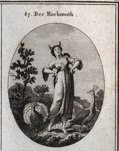 Allegorie der Arroganz. Ihre Eselsohren kennzeichnen Unwissenheit und ihre Haltung zeigt ihren Stolz. Der Pfau ist ein Symbol des Stolzes und der Truthahn, der das Rad schlägt, ist das der Dummheit. Gravur in „Iconologie oder Ideen aus dem Gebiete der Leid von Austrian School