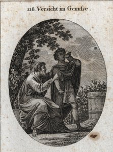 Allegorie der Vorsicht beim Genießen. Ein Philosoph warnt uns, dass der Weinstock drei Arten von Trauben produziert: die des Vergnügens, die der Trunkenheit und die des Schmerzes und Wahnsinns. Gravur in „Iconologie oder Ideen aus dem Gebiete der Leidensch