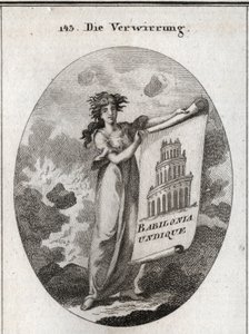 Allegorie der Verwirrung, die eine Zeichnung hält, die den Turm von Babel darstellt, mit dem Wort "Babylonia Undique". Der Hintergrund stellt Chaos dar und ihr Haar passt nicht zur Instabilität ihrer Fantasien. Gravur in "Iconologie oder Ideen aus dem Gebi