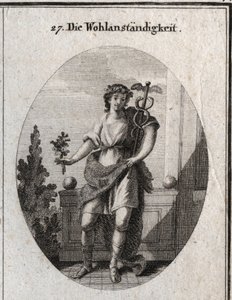 Allegorie der Anständigkeit. Junger Mann mit einem Löwenfell, um seine Unterscheidung und seine Seelengröße auszudrücken. Der Amaranthzweig und die Krone zeigen, dass er seine Schönheit noch bewahrt. Die Lapsus markiert Beredsamkeit und Scharfsinn in der R von Austrian School
