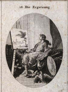 Allegorie der Wonne dargestellt durch einen jungen Mann, der eine Lyra hält, neben einem Gemälde mit Früchten, Büchern, Waffen und zwei Tauben, die sich gegenseitig liebkosen, alles symbolisiert den Reiz der Sinne. Gravur in „Iconologie oder Ideen aus dem  von Austrian School