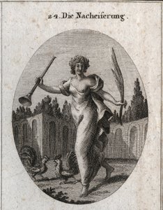 Allegorie der Nachahmung. Die Trompete und die Palme symbolisieren die Belohnung, die dem Verdienst zugeschrieben wird. Die Attribute sind zwei Hähne, die bereit sind zu kämpfen. Gravur in „Iconologie oder Ideen aus dem Gebiete der Leidenschaften und Alleg von Austrian School