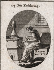 Allegorie der Erfahrung, die das Ergebnis von Studium und Zeit ist. Sie prüft Gold auf einer Schlüsselplatte. Gravur in „Iconologie oder Ideen aus dem Gebiete der Leidenschaften und Allegorien bildlich dargestellt für Zeichner, Maler, Dichter, Gelehrte, Er