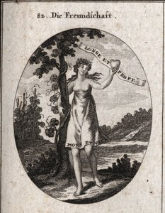Allegorie der Freundschaft. Myrten- und Granatapfelblüten auf seiner Krone sind Symbole der Liebe und Harmonie. Es zeigt ein Herz mit der Inschrift: „Longe et prope“ (Von fern und nah). Am unteren Rand seines Kleides steht „Bitches et vita“ (Tod und Leben) von Austrian School