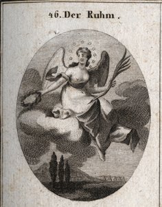 Allegorie des Ruhms auf einer Wolke. Sie hält eine Palme und präsentiert Lorbeerkränze, mit denen sie ihre Favoriten belohnt. Ihre Flügel markieren ihre Erhebung. Gravur in „Iconologie oder Ideen aus dem Gebiete der Leidenschaften und Allegorien bildlich d von Austrian School