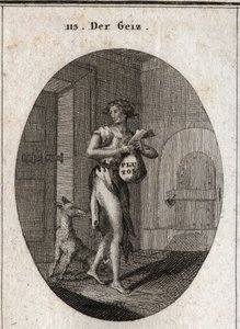 Allegorie der Gier, dargestellt in Lumpen mit einer Goldkette, die ihm als Gürtel dient, was betont, dass der Besitz von Eigentum ihn zum Sklaven macht, bis er die Notwendigkeiten verweigert. Auf der Börse steht der Name Pluto, Gott des Reichtums in der My von Austrian School