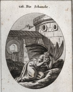 Allegorie der Schande, die das Gesicht mit den Händen bedeckt und deren Attribute zwei große schwarze Fledermausflügel sind. Gravur in „Iconologie oder Ideen aus dem Gebiete der Leidenschaften und Allegorien bildlich dargestellt für Zeichner, Maler, Dichte