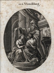 Allegorie der Ehe: Der Priester wirft die Galle der Tiere hinter den Altar, um zu zeigen, dass es in der Ehe keine Bitterkeit gibt. Gravur in „Iconologie oder Ideen aus dem Gebiete der Leidenschaften und Allegorien bildlich dargestellt für Zeichner, Maler,