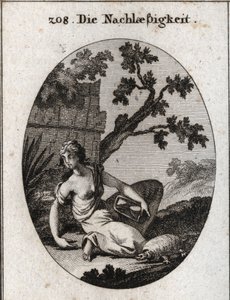 Allegorie der Nachlässigkeit. Sie hält eine Uhr mit einer umgekippten Sanduhr. Die Schildkröte ist das Emblem der Langsamkeit. Gravur in „Iconologie oder Ideen aus dem Gebiete der Leidenschaften und Allegorien bildlich dargestellt für Zeichner, Maler, Dich
