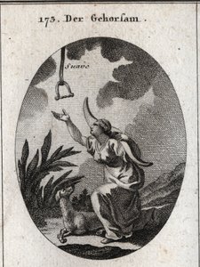 Allegorie des Gehorsams. Sie trägt ein Joch auf den Schultern und bewegt sich vorwärts, um eine Bremse zu empfangen, die aus dem offenen Himmel herabsteigt, in dem das Wort „sanft“ zu lesen ist. Der Hund ist ihr Attribut. Gravur in „Iconologie oder Ideen a von Austrian School