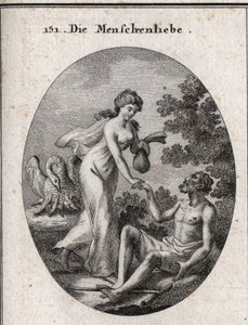 Allegorie der Philanthropie. Sie hält ein Stipendium und kommt, um einem armen Mann zu helfen, dem sie die Hand reicht. Ihr Attribut ist ein Pelikan, der seine Brust öffnet, um seine Jungen zu füttern. Gravur in „Iconologie oder Ideen aus dem Gebiete der L