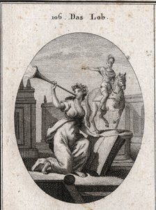Allegorie des Lobes, die ein Buch hält, um zu zeigen, dass es durch die Hilfe der Schriften die Nachwelt überdauert. Sie bläst eine Trompete, aus der der Glanz des Ruhms hervorgeht. Die Reiterstatue ist da, um die Helden zu loben. Gravur in „Iconologie ode von Austrian School