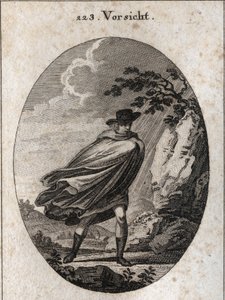 Allegorie der Vorsehung. Ausdruck: Wenn das Wetter schön ist, nimm deinen Mantel, wenn es regnet, nimm ihn, wenn du willst. Gravur in „Iconologie oder Ideen aus dem Gebiete der Leidenschaften und Allegorien bildlich dargestellt für Zeichner, Maler, Dichter von Austrian School