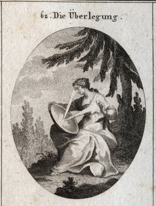 Allegorie der Reflexion. Ein Lichtstrahl geht von ihrem Herzen aus, trifft auf den Spiegel auf ihren Knien und reflektiert das Licht auf ihre Stirn. Gravur in „Iconologie oder Ideen aus dem Gebiete der Leidenschaften und Allegorien bildlich dargestellt für
