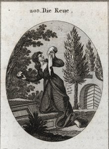 Allegorie des Bedauerns, dargestellt mit einem Knie auf einem Grab. Sie hält in einer Hand ein Taschentuch und in der anderen einen Stein, mit dem sie ihre Brust schlägt. Gravur in „Iconologie oder Ideen aus dem Gebiete der Leidenschaften und Allegorien bi