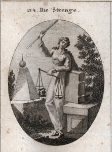 Allegorie der Strenge, dargestellt unter einem Aspekt der Wildheit, die mit der rechten Hand eine Eisenstange hält und sich mit der linken auf das Gesetzbuch stützt. In derselben Hand hält sie eine Waage, von der eine Seite die andere überwiegt. Gravur in 