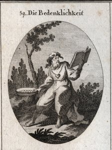 Allegorie der Skrupel, dargestellt durch einen alten Mann mit einer Goldkette, an der ein Herz als Emblem der Unschuld und des guten Rates befestigt ist. Er hält einen Kalender, den er sorgfältig betrachtet, und ein Sieb, das das Attribut der Unterscheidun von Austrian School