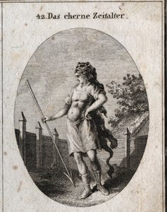 Allegorie des Kupferzeitalters, dargestellt als Wächter in stolzer Haltung nahe einem Zaun, bewaffnet mit einem Brustpanzer und einem Speer und einer Löwenhautkappe. Gravur in „Iconologie oder Ideen aus dem Gebiete der Leidenschaften und Allegorien bildlic von Austrian School