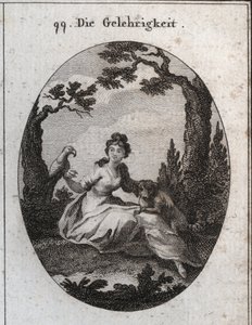 Allegorie der Fügsamkeit. Ihre Attribute sind der Sittich und der kleine Hund wegen ihrer Gehorsamkeit und ihres Wunsches zu gefallen. Gravur in "Iconologie oder Ideen aus dem Gebiete der Leidenschaften und Allegorien bildlich dargestellt für Zeichner, Mal