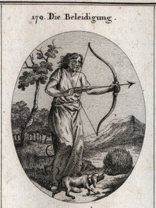 Allegorie des Vergehens, das dabei ist, einen Pfeil zu entschlüsseln und dessen Kleidung mit Zungen und Messern gefüllt ist. Angriff durch Hunde auf den Igel, der seine Pfeile wirft, bedeutet den Zwang, das Vergehen durch Vergehen zu erwidern. Gravur in „I von Austrian School