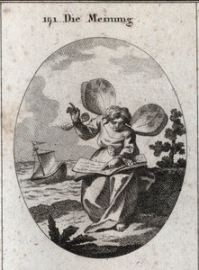 Allegorie der Meinung, dargestellt beim Lesen eines Buches, aus dem sie zu unterstützen scheint. Schmetterlingsflügel an den Schultern und Handgelenken markieren die Instabilität der Menschen in ihren Meinungen. Im Hintergrund wird ein Schiff von den Welle von Austrian School