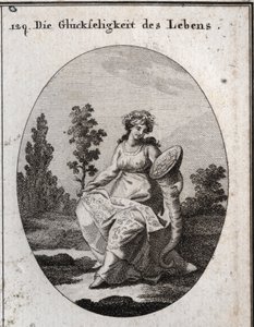 Allegorie des Wohlstands des Lebens. Reich gekleidet und mit Trauben und Attributen von Reichtum und Überfluss gekrönt. Der mit Blättern und Früchten gefüllte Eichenast bedeutet Gesundheit, aber auch Festigkeit und Unverderblichkeit. Gravur in „Iconologie 