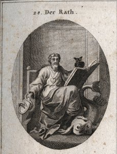 Allegorie des repräsentativen Rates mit einer Goldkette und einem Herzen, Emblem der Aufrichtigkeit. Das Buch und die Eule symbolisieren das Eindringen des Wissens durch Studium. Der von der Schlange umgebene Spiegel ist das Symbol der Vorsicht. Der Delfin von Austrian School