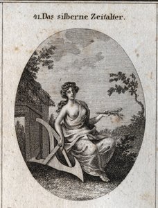 Allegorie des Silberzeitalters mit einem Griff aus Ähren, um das Land zu bebauen, und Holz, um Hütten zu bauen. Gravur in „Iconologie oder Ideen aus dem Gebiete der Leidenschaften und Allegorien bildlich dargestellt für Zeichner, Maler, Dichter, Gelehrte, 
