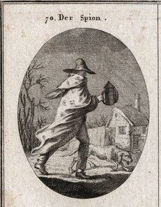Allegorie des Spions. Sein Mantel ist mit Augen und Ohren übersät und hält eine taube Laterne. Ein Brackhund schnüffelt das Gelände. Gravur in „Iconologie oder Ideen aus dem Gebiete der Leidenschaften und Allegorien bildlich dargestellt für Zeichner, Maler von Austrian School