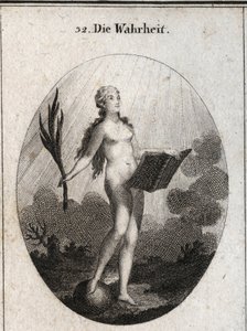 Allegorie der Wahrheit, nackt und ohne Kunstgriffe, schaut sie in das Licht der Sonne. Die Palme symbolisiert den Triumph über Betrug und das Buch steht für das Studium. Gravur in „Iconologie oder Ideen aus dem Gebiete der Leidenschaften und Allegorien bil von Austrian School