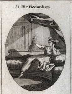 Allegorie der Gedanken, dargestellt mit Flügeln am Kopf und einem Bündel verwickelter Fäden, Bild des Durcheinanders, das die verschiedenen Gedanken verursachen. Gravur in „Iconologie oder Ideen aus dem Gebiete der Leidenschaften und Allegorien bildlich da