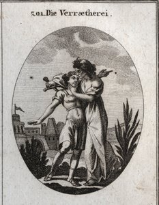 Allegorie des Verrats. Eine schreckliche alte Frau streichelt einen hübschen jungen Mann und bereitet sich gleichzeitig darauf vor, ihn zu erstechen. Gravur in „Iconologie oder Ideen aus dem Gebiete der Leidenschaften und Allegorien bildlich dargestellt fü von Austrian School