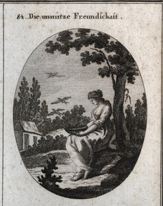 Allegorie der nutzlosen Freundschaften, die ein Nest hält, das Schwalben das Wegfliegen ermöglicht. Gravur in „Iconologie oder Ideen aus dem Gebiete der Leidenschaften und Allegorien bildlich dargestellt für Zeichner, Maler, Dichter, Gelehrte, Erzieher und